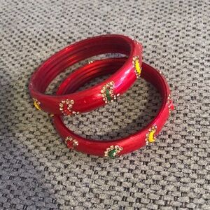Elegant Red Bangle Set with Multicolor Accents